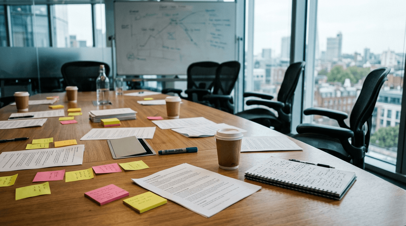 A conference room table mid-session during a cybersecurity tabletop exercise, covered with printed scenario documents, sticky notes, coffee cups and a notepad, with a whiteboard and empty chairs behind it