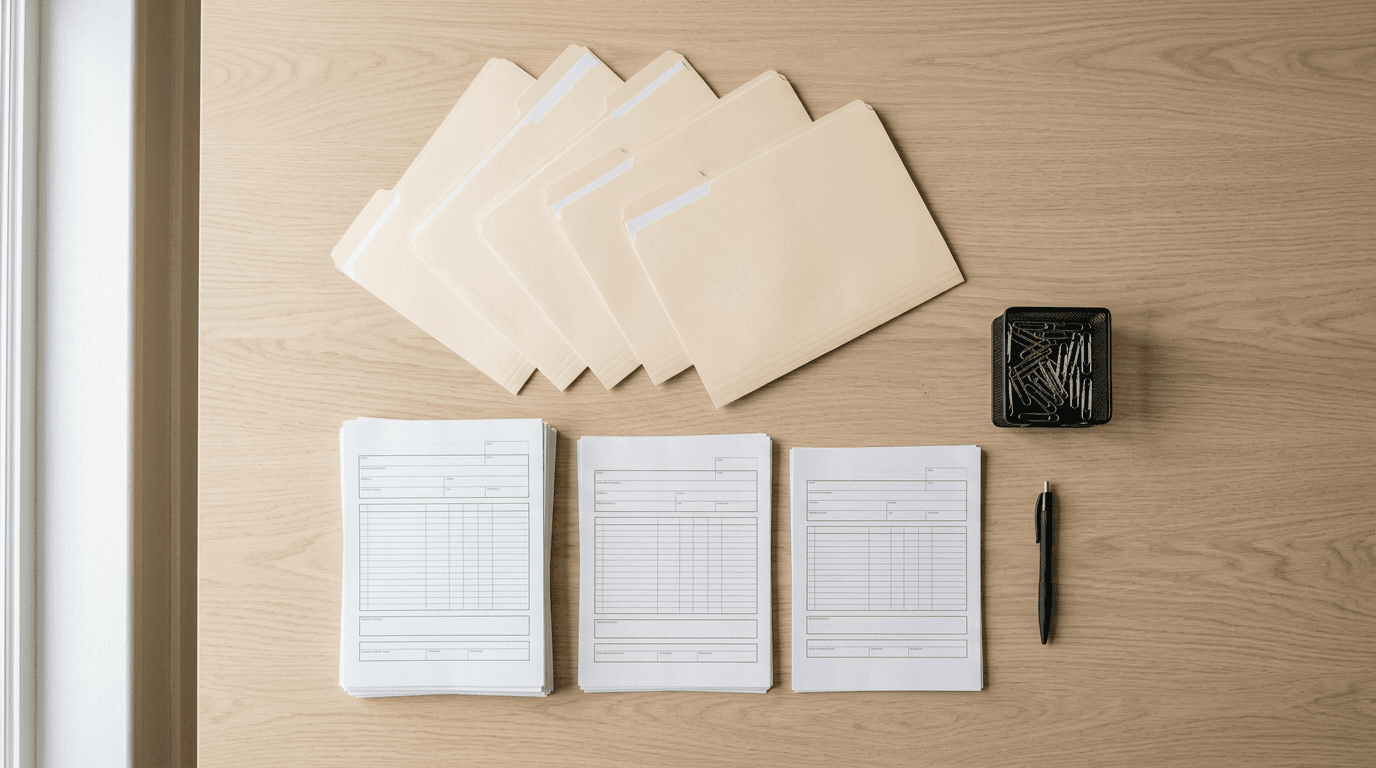 Overhead view of manila employee file folders and blank printed HR forms on a wood table, representing the HR paperwork a small business can automate with AI