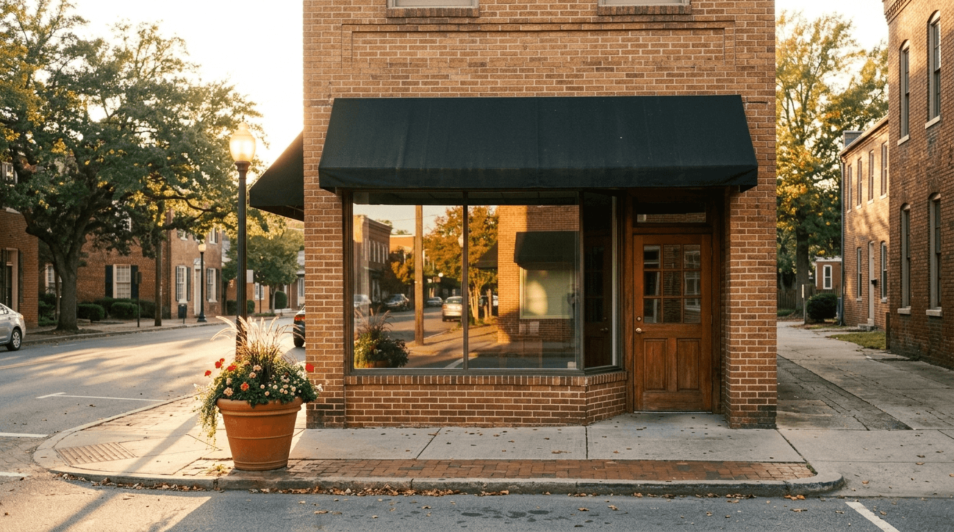 Brick storefront office of a small independent insurance agency on a main street at golden hour