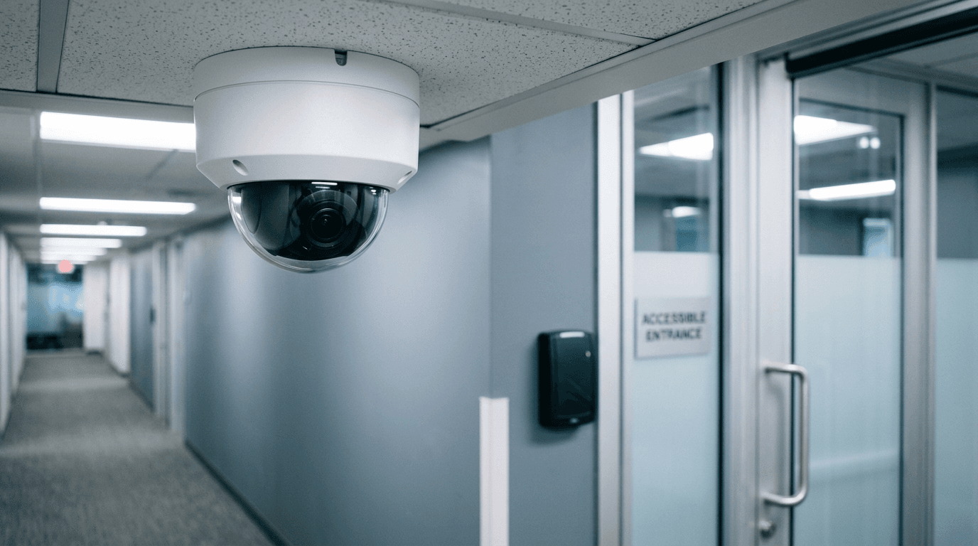 Ceiling-mounted dome IP security camera in an office corridor with a badge card reader beside a glass door in the background