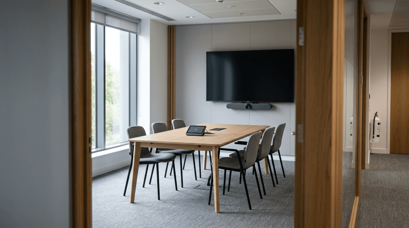 Empty small conference room with a wall-mounted display, video bar and a Microsoft Teams Rooms touch console on the table