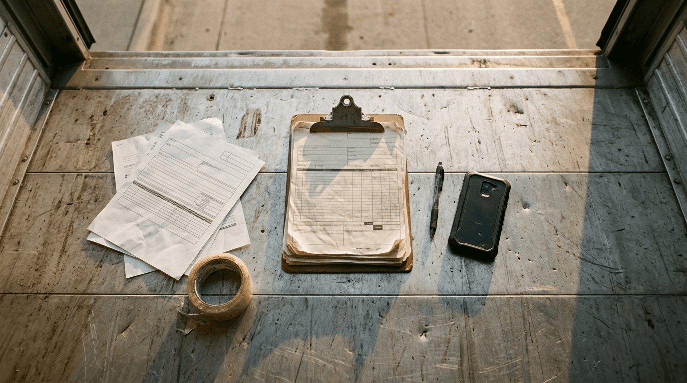 Overhead view of freight paperwork on a truck trailer floor, a clipboard of shipping forms, loose bills of lading, a pen, packing tape and a rugged smartphone in late afternoon light