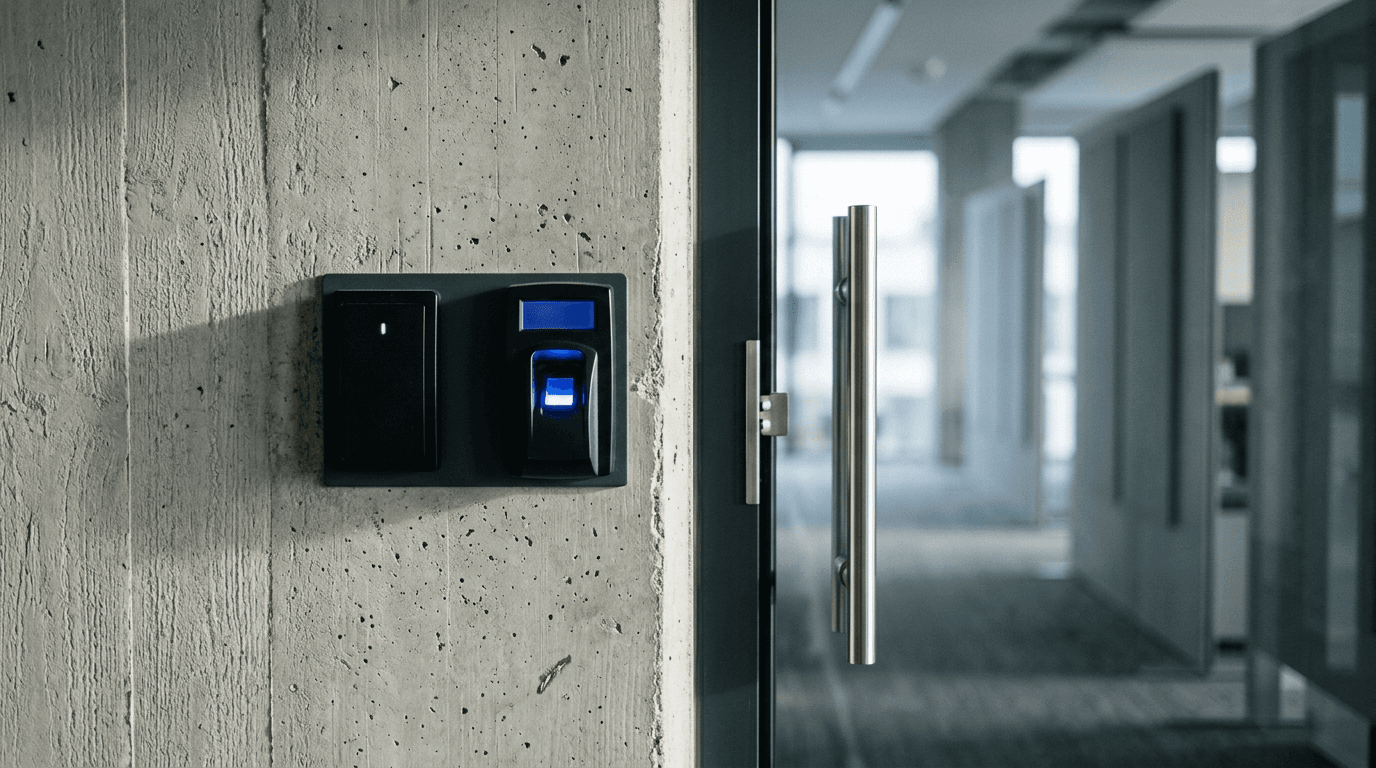Two access control card readers mounted side by side on a concrete office wall, a basic badge reader and a larger reader with an illuminated biometric scanner, illustrating two tiers of identity licensing
