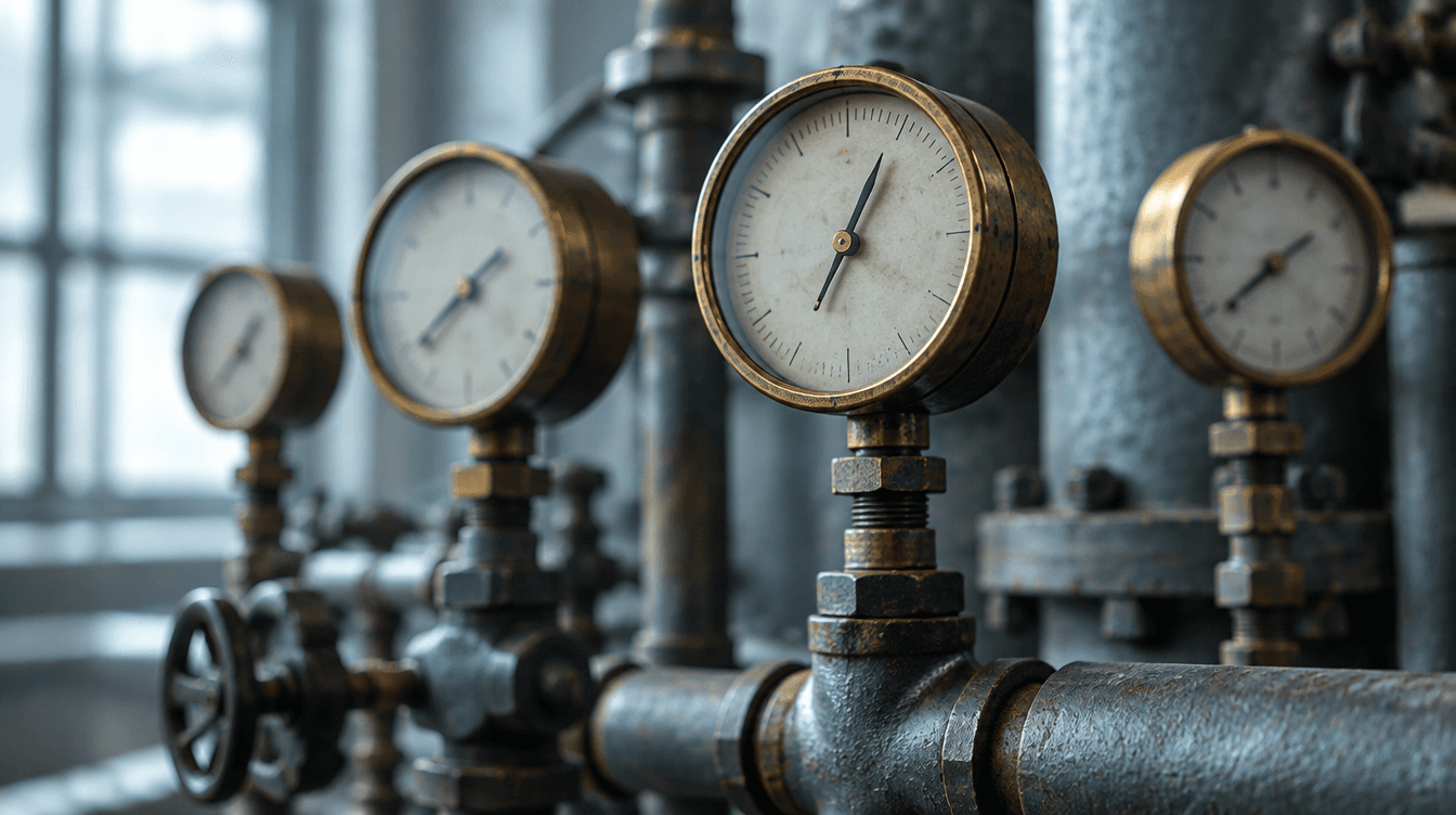 A row of analog pressure gauges on industrial piping, one needle mid-range, illustrating Microsoft Secure Score as one instrument among many