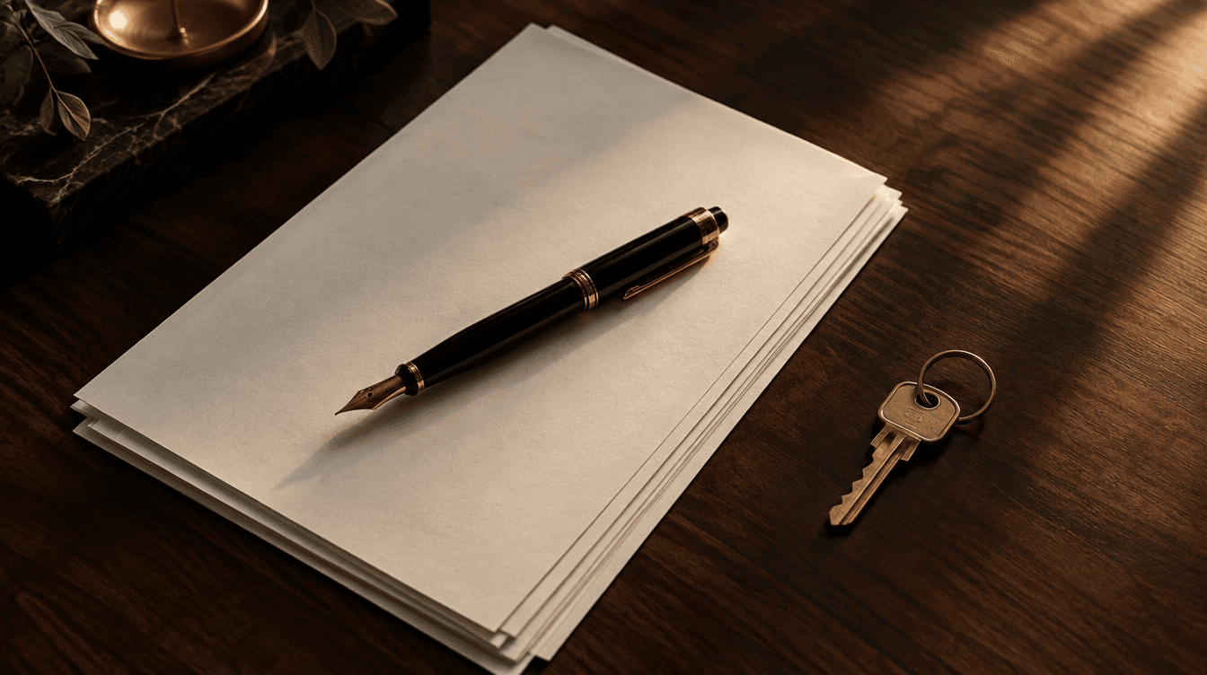 Overhead view of a closing table with a stack of unsigned documents, a fountain pen and a set of house keys, illustrating title and escrow wire fraud risk