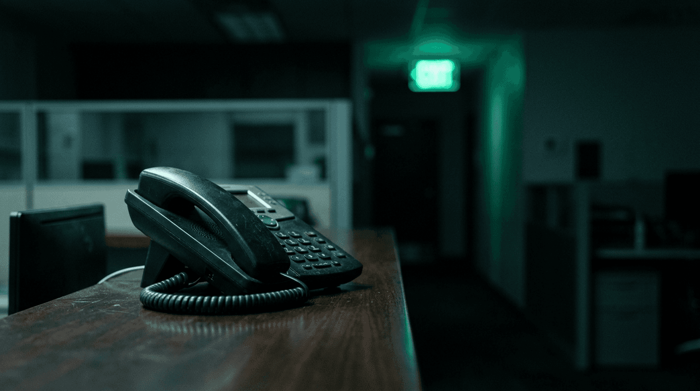 Office desk phone off the hook on a dark reception counter lit by an emergency exit sign, illustrating Kari's Law 911 compliance for business phone systems