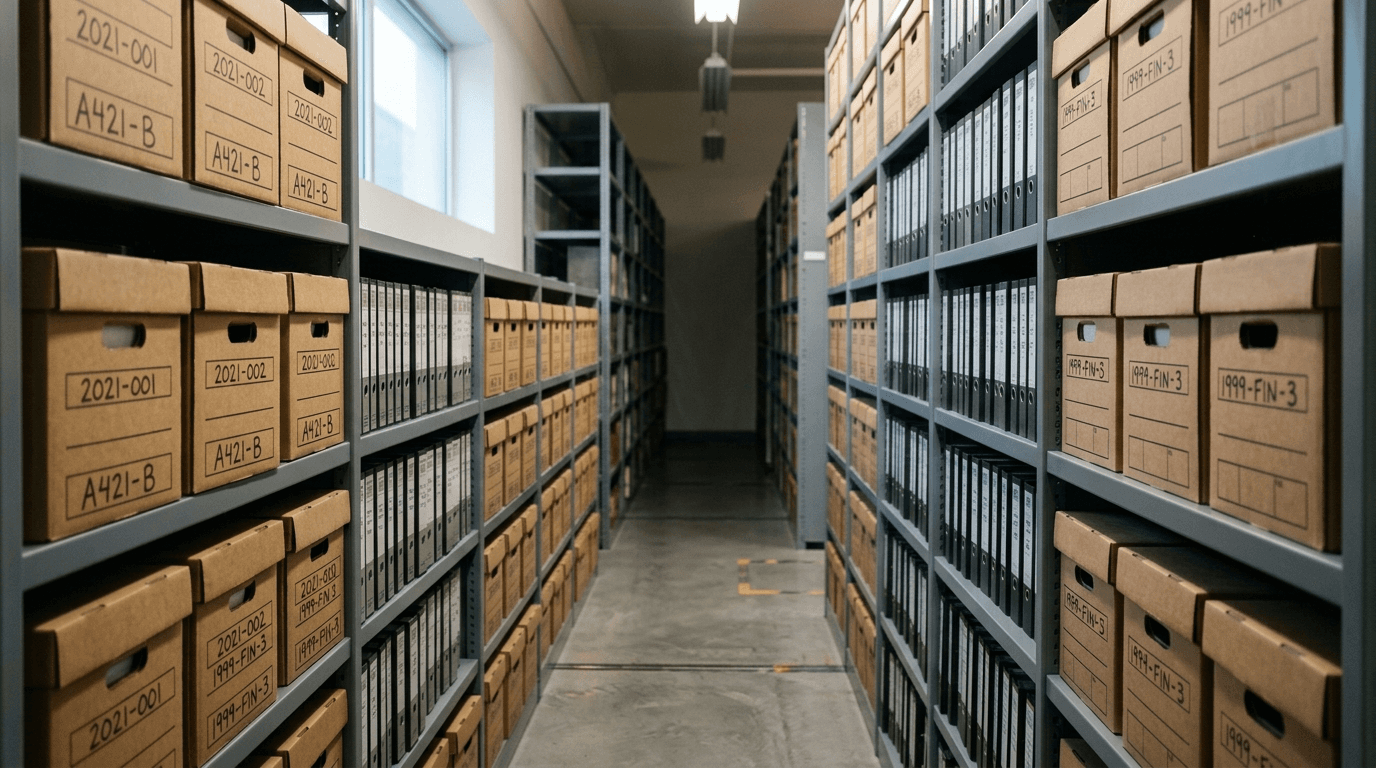 Aisle of archive storage boxes on metal shelving in a records room, illustrating Microsoft 365 SharePoint storage limits and archiving for small business