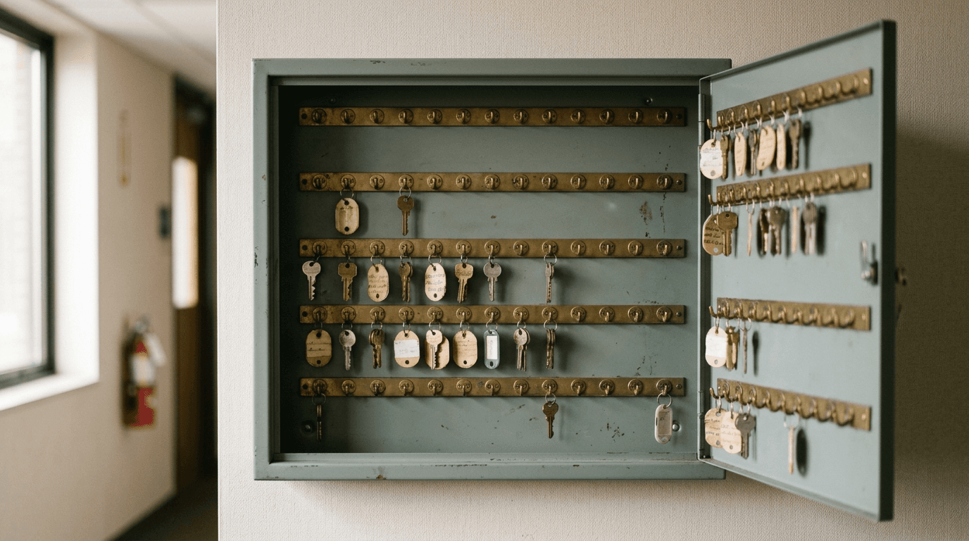 Open office key cabinet with rows of brass hooks, many empty and a few holding tagged keys, illustrating registered versus unregistered account recovery methods