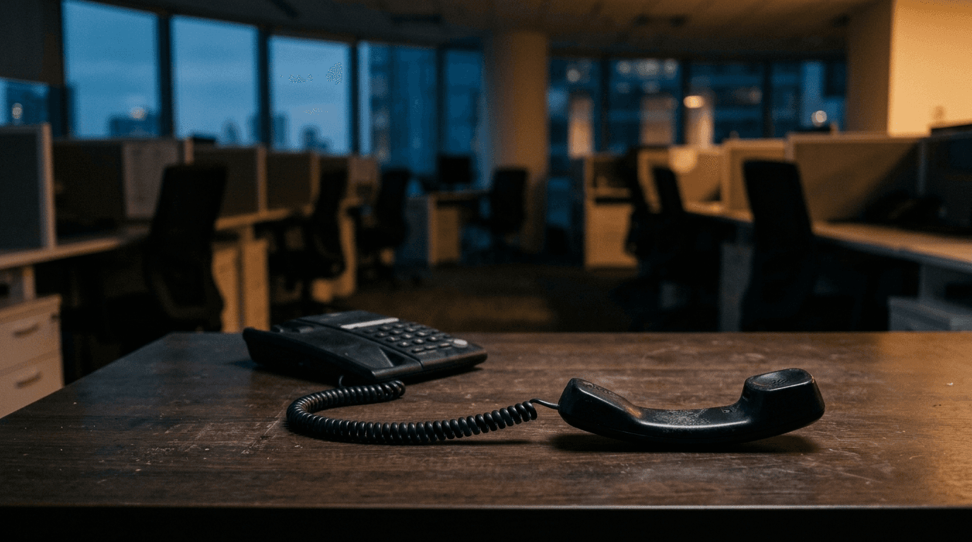 Desk telephone handset left off the hook on an empty office desk at night, representing social engineering calls to an IT help desk