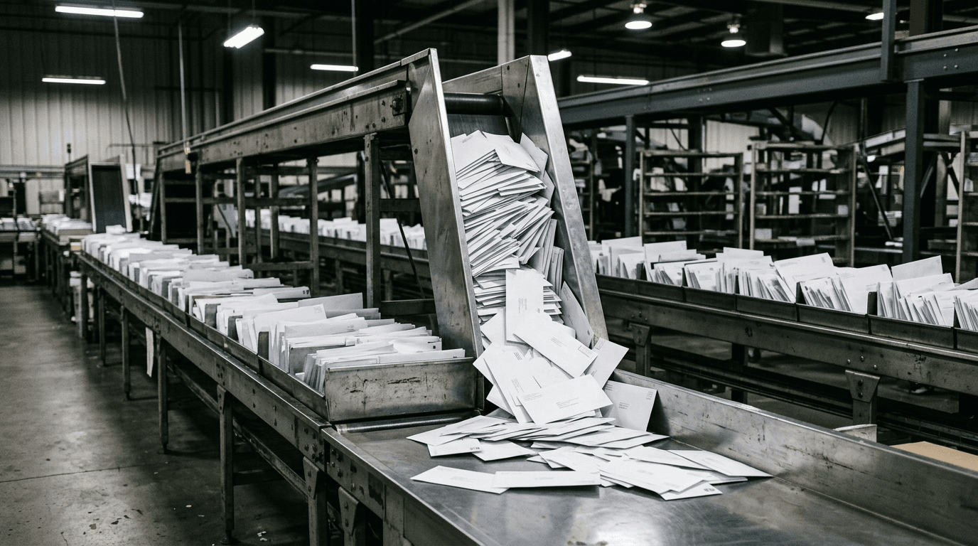 Mail sorting facility conveyor with a jammed chute and white business envelopes spilling over, illustrating Microsoft 365 outbound email limits blocking messages
