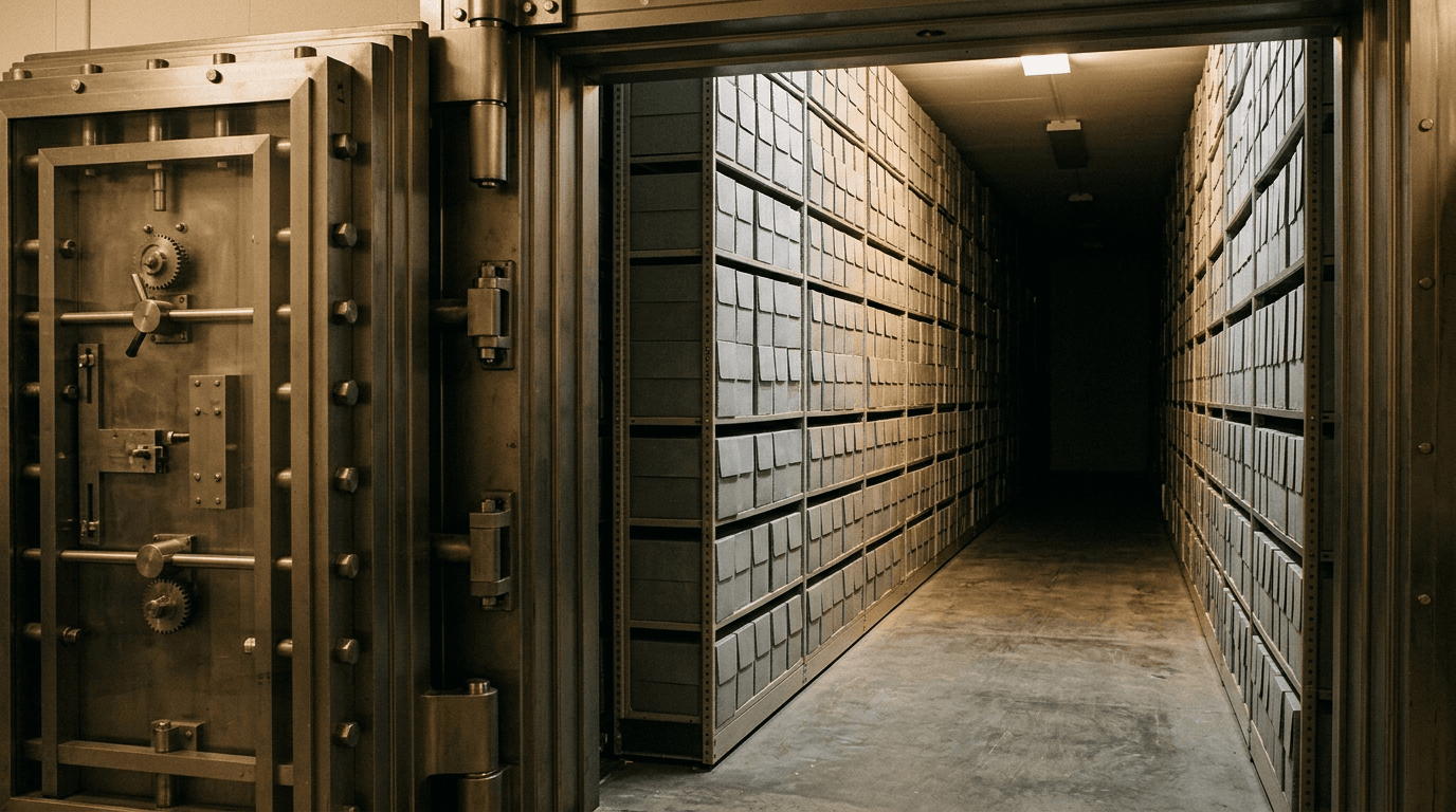 Open steel vault door leading into a secure records archive lined with rows of grey document storage boxes, illustrating SEC books and records retention for RIAs