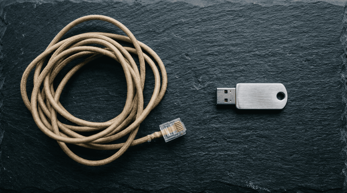 A coiled, unplugged telephone cord beside a metal hardware security key on dark slate, representing the retirement of SMS and voice MFA in Microsoft Entra ID