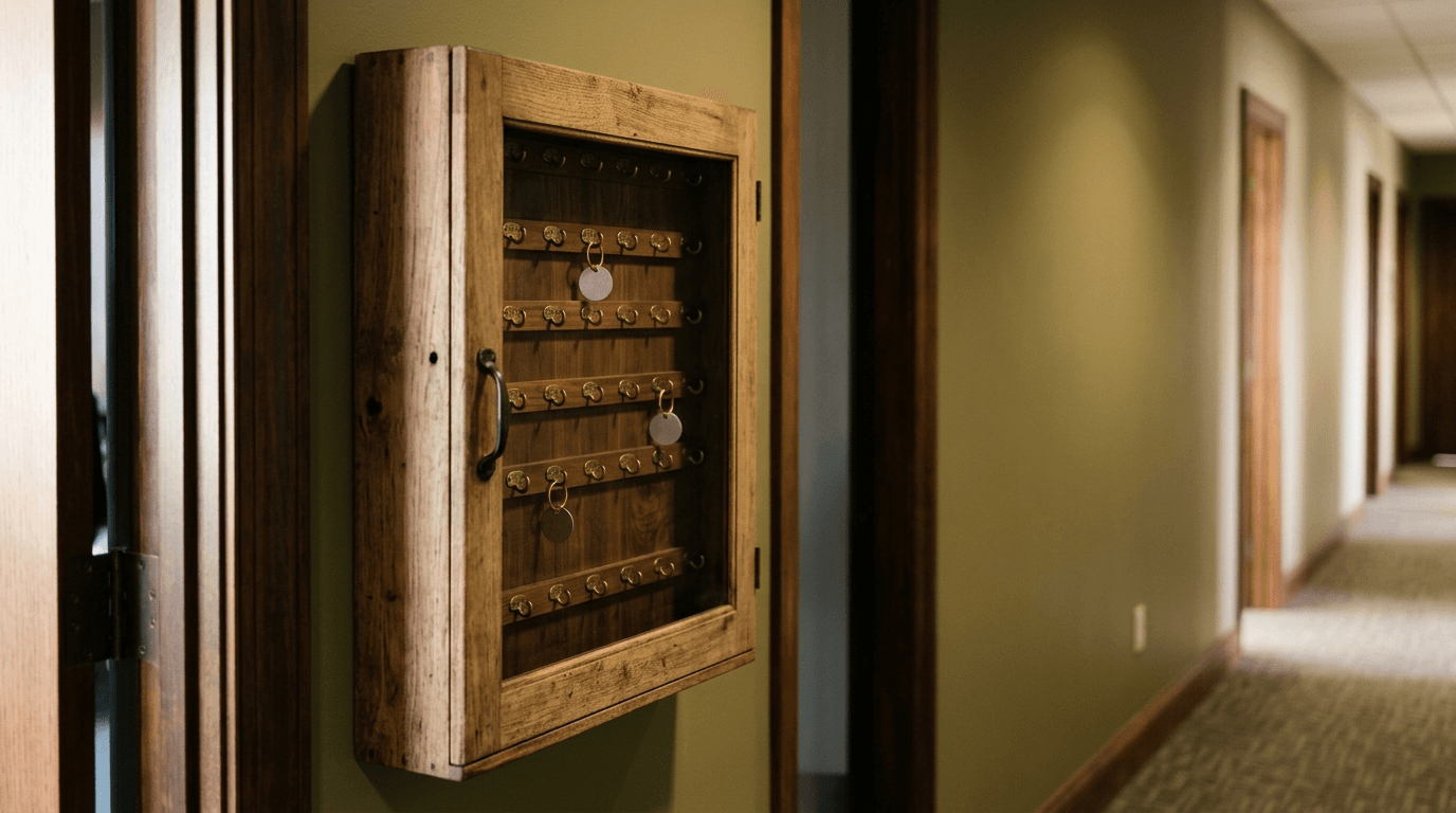 A wall-mounted office key cabinet with rows of numbered brass hooks, most of them empty, representing separate identities and credentials for AI agents
