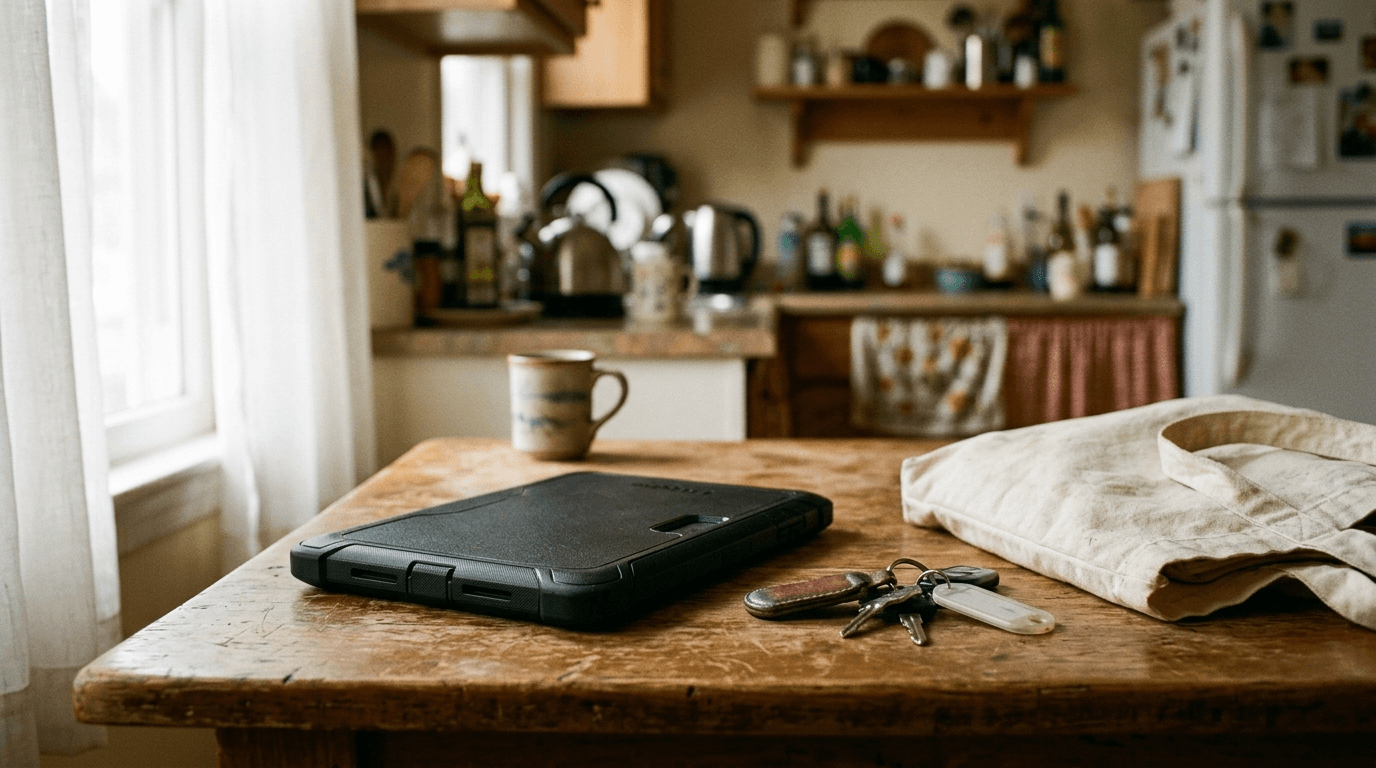 A tablet in a rugged protective case and car keys on a kitchen table in a client's home, representing IT and HIPAA compliance for home care agencies