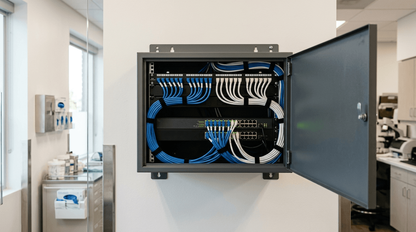 Wall-mounted network enclosure in a small medical office, patch panel and switch handling systems that touch patient data