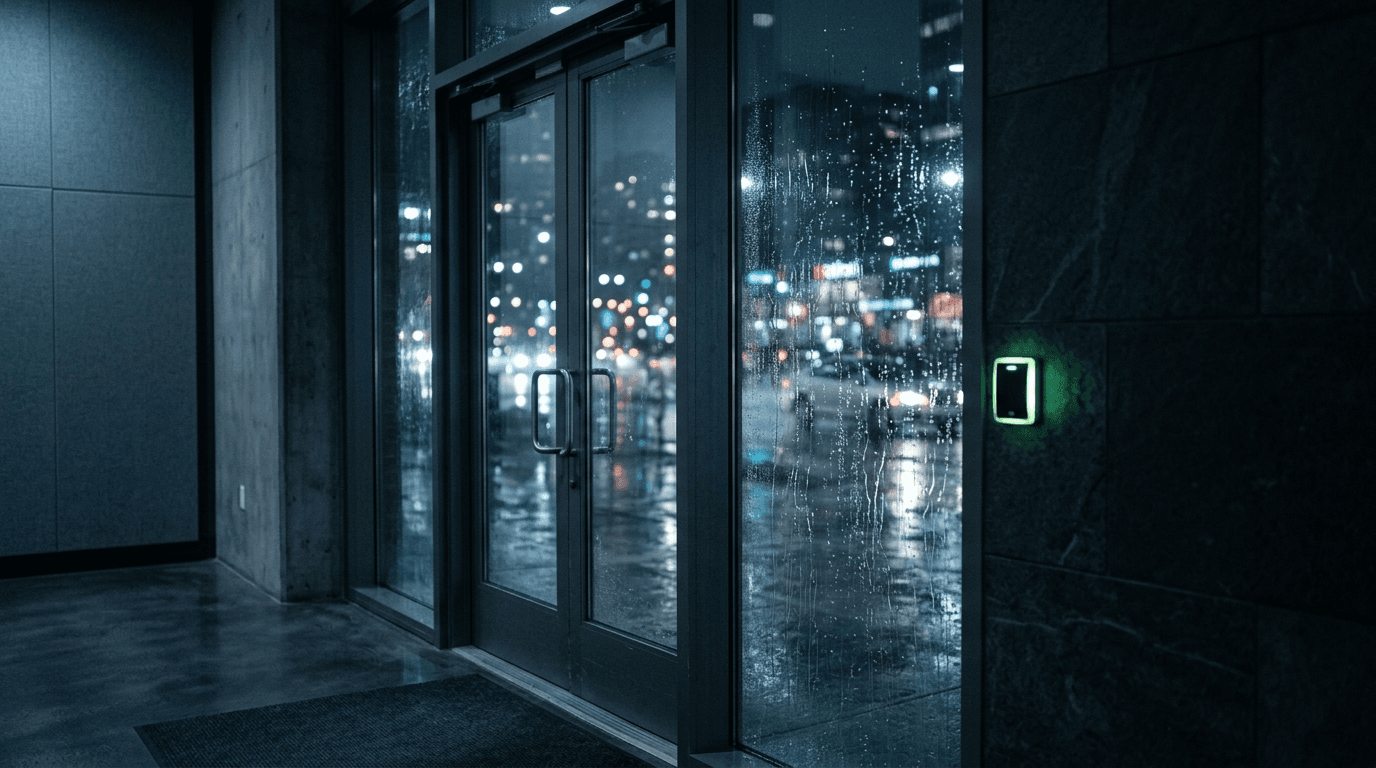 Glass office entrance door at night with a glowing green keycard access reader on the wall beside it, rain on the glass and city lights beyond