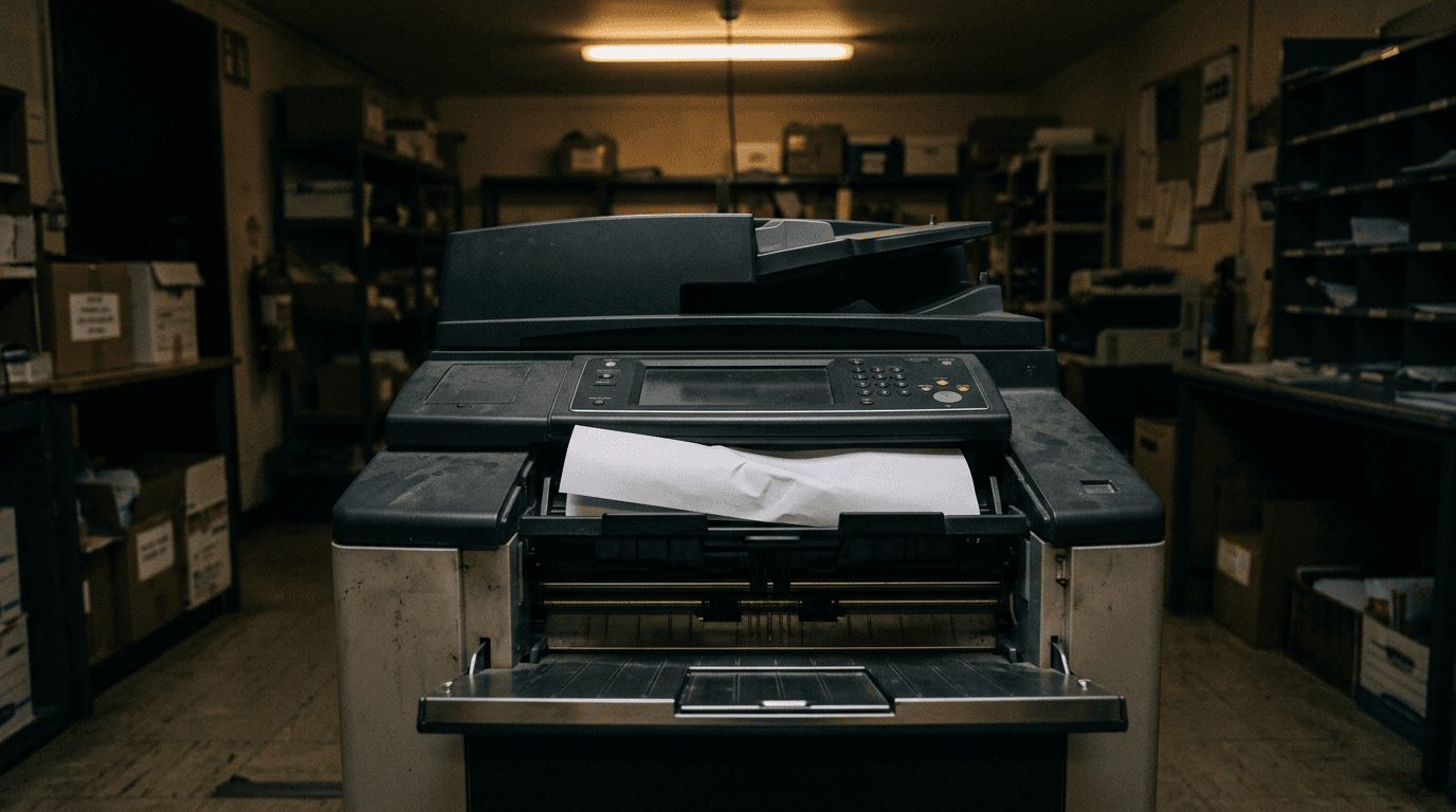 Office multifunction copier in a dim mailroom with a sheet of paper stopped halfway through the feeder and the control panel unlit