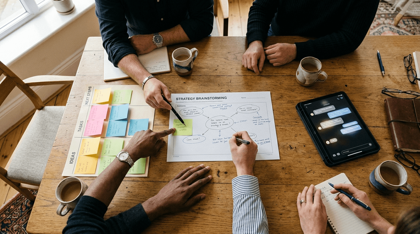 Overhead view of a small business team at a workshop table with sticky notes, worksheets and a tablet during AI training for employees