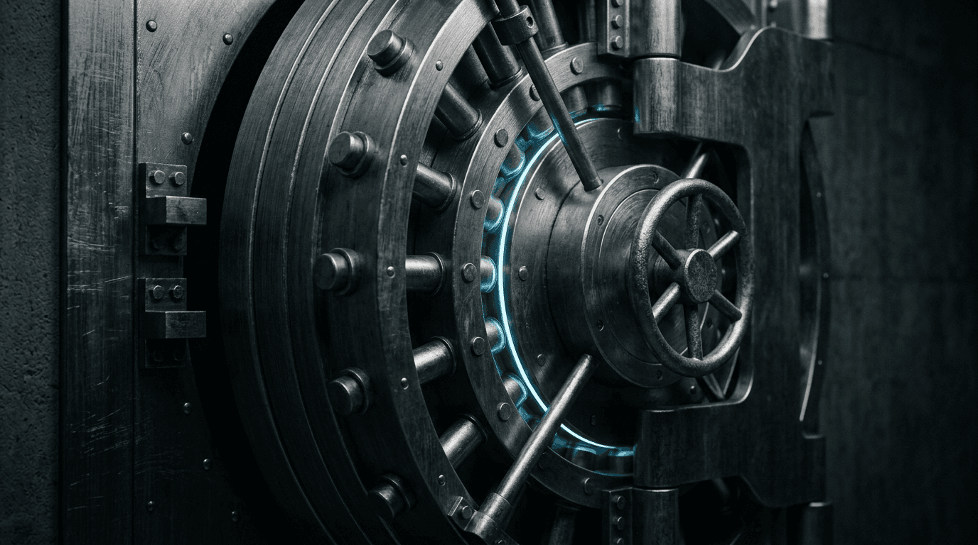 Close-up of a steel vault door with an added inner ring of locking bolts glowing blue, representing the Microsoft Defender Suite layered on top of Microsoft 365 Business Premium