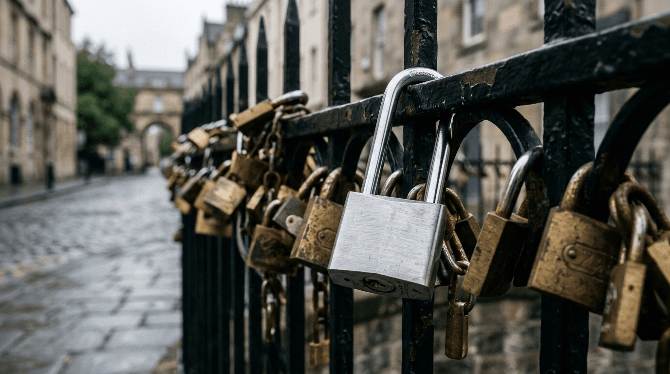 Modern steel padlock among old brass padlocks on an iron railing, illustrating NIST password guidelines for small business security