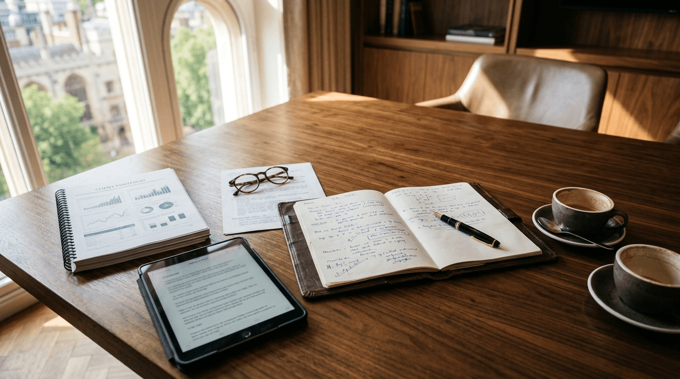 Wealth management conference table after a client meeting with handwritten notes, portfolio statements, and a tablet transcript, illustrating AI for financial advisors