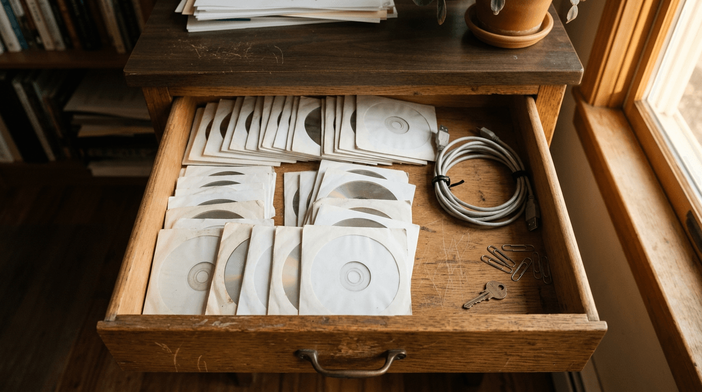Open office desk drawer full of old Office 2021 install discs, ahead of Office 2021 end of support for small businesses