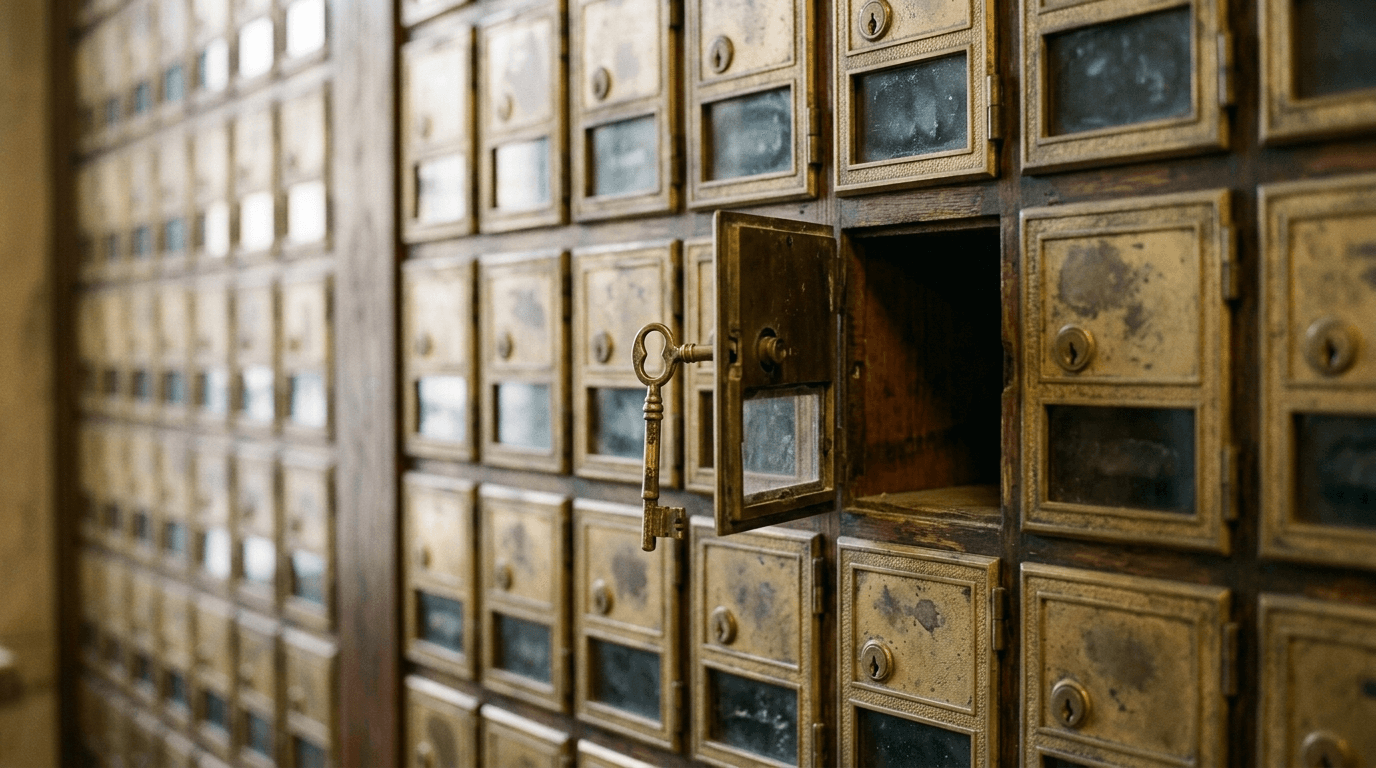 Wall of vintage brass mailboxes with one open door and a key in the lock, representing control of a business domain name