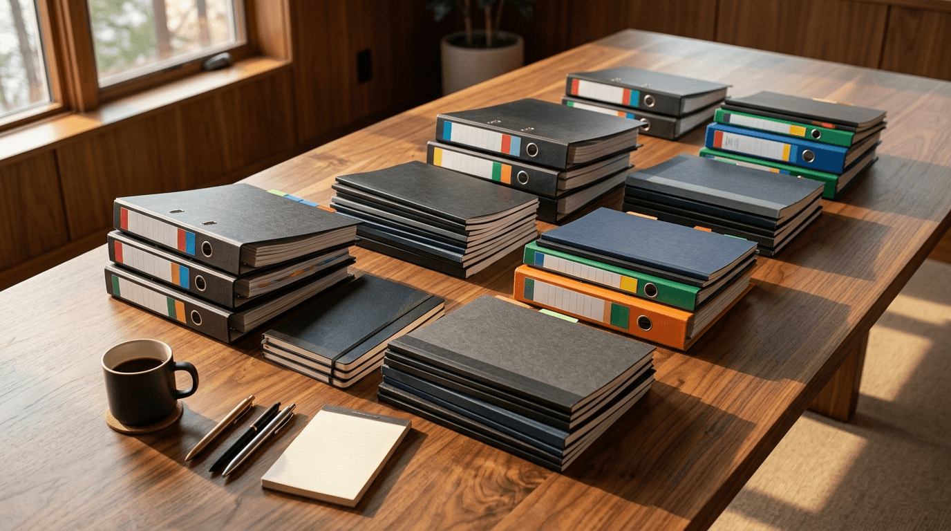 Stacks of tabbed binders and bound proposal documents on a conference table, representing an RFP response in progress