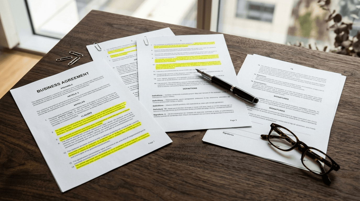 Printed business contract with highlighted clauses, a fountain pen and reading glasses on a walnut table, illustrating AI contract review for small business
