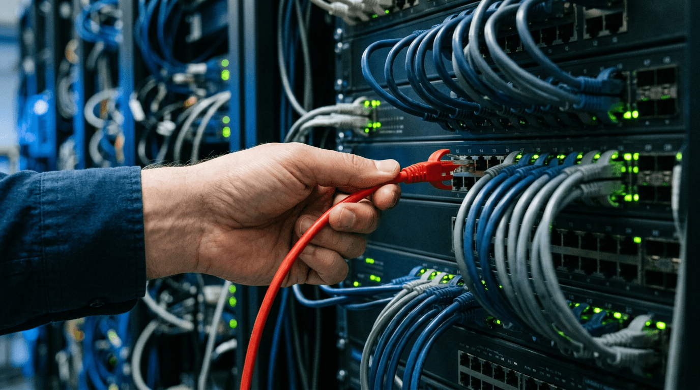 Technician unplugging a red ethernet cable from a network switch, representing removing local admin rights and enabling Windows LAPS