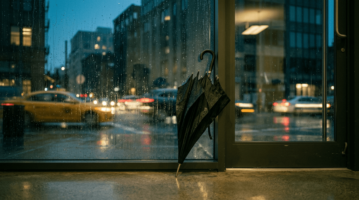 Wet umbrella leaning against an office lobby door on a rainy evening, representing cyber insurance coverage and filing a claim after an incident