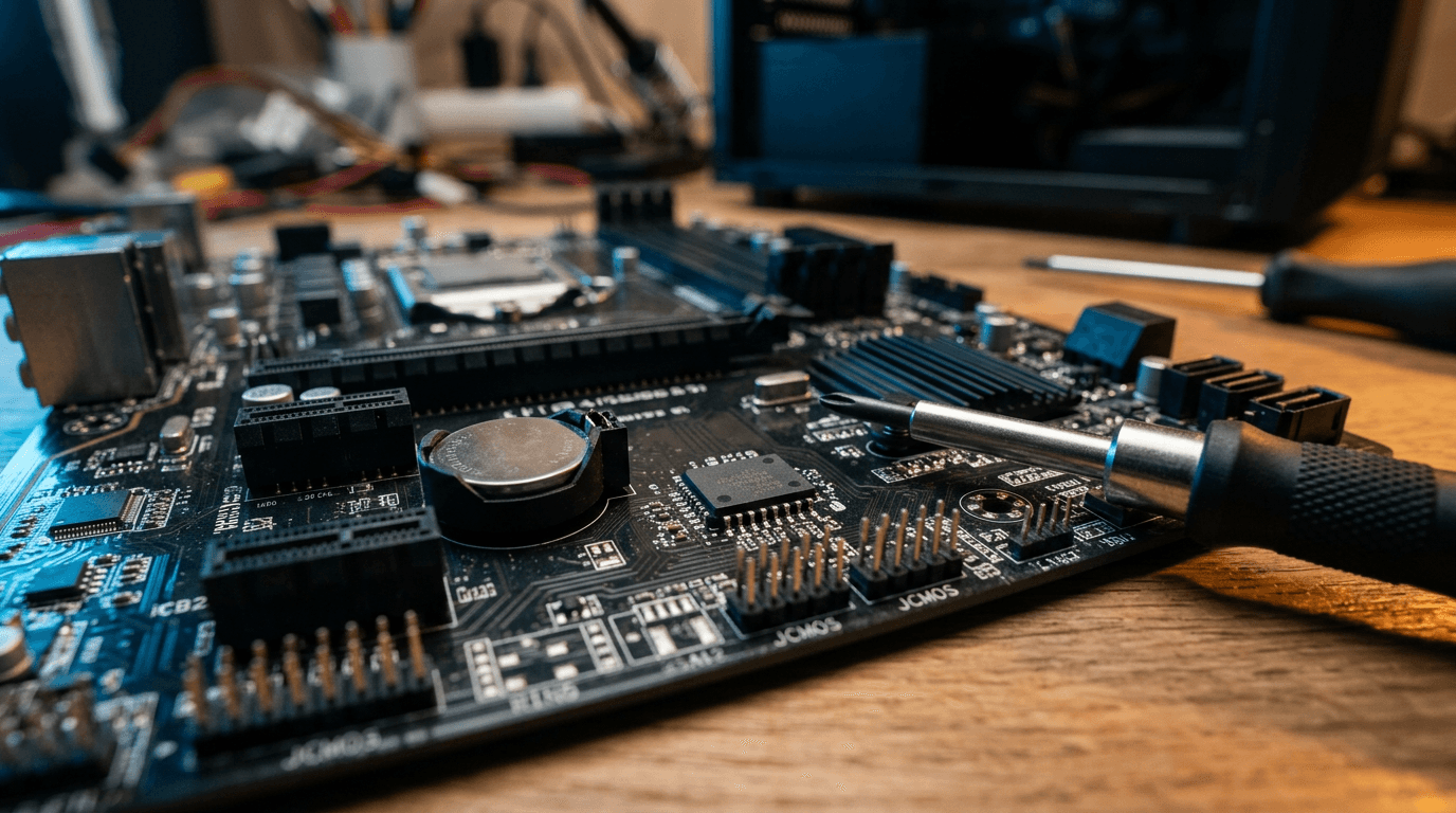 Close-up of a business PC motherboard's firmware chip on a technician's bench, illustrating the Windows Secure Boot certificate update