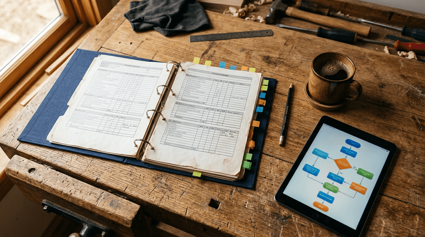 Open binder of printed standard operating procedure checklists with colored tabs beside a tablet showing a process flowchart, illustrating using AI to write SOPs