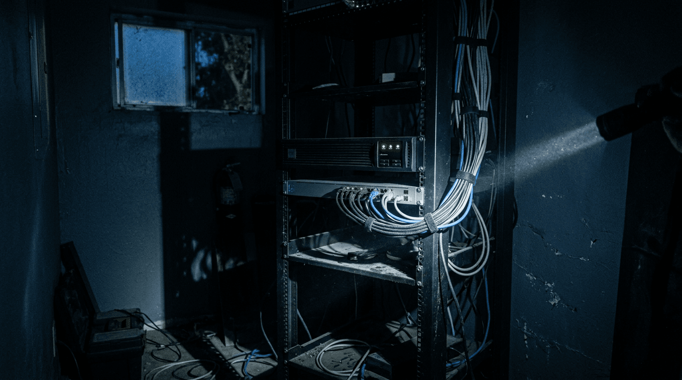 Dark small-office network closet during a power outage with status lights glowing on a rack-mounted UPS battery backup and network switch