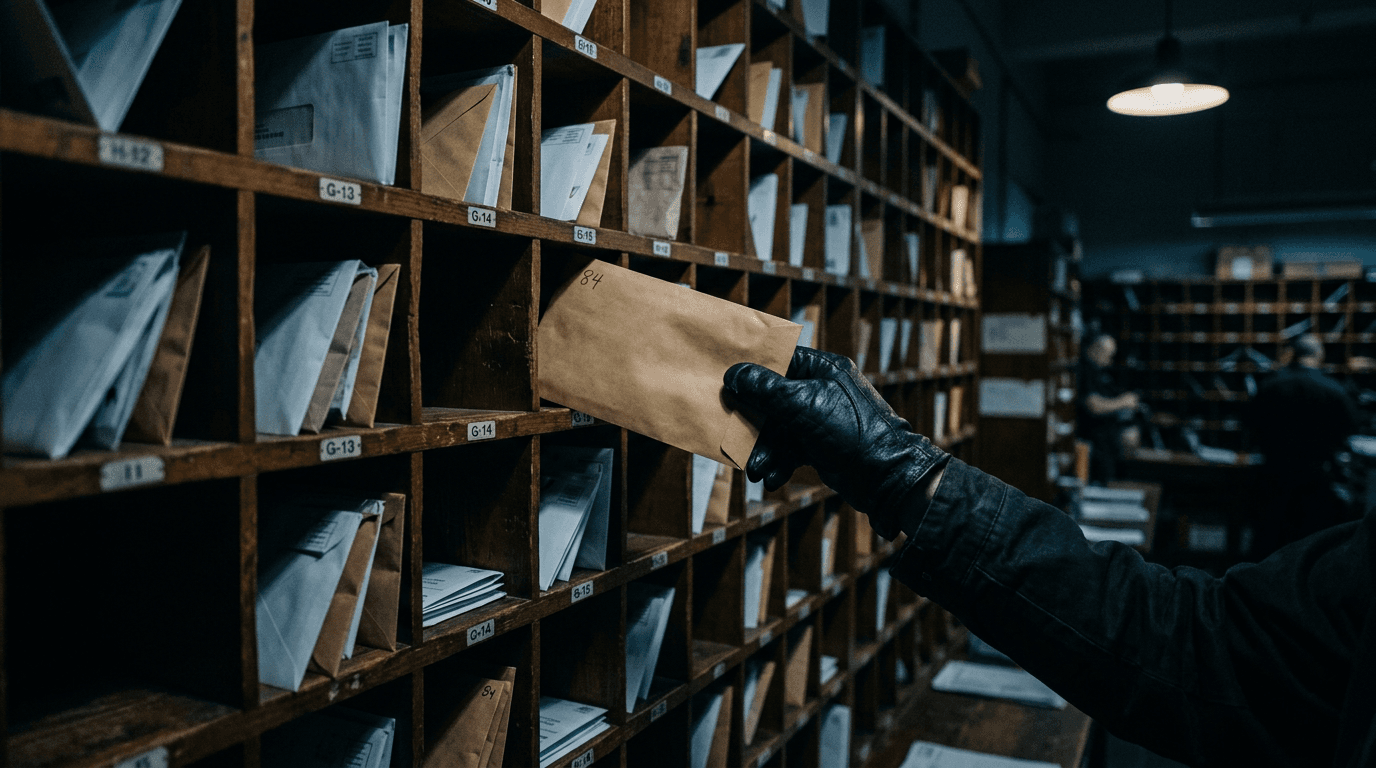 Gloved hand pulling a pay envelope from an office mailroom cubby, illustrating payroll diversion fraud and direct deposit scams