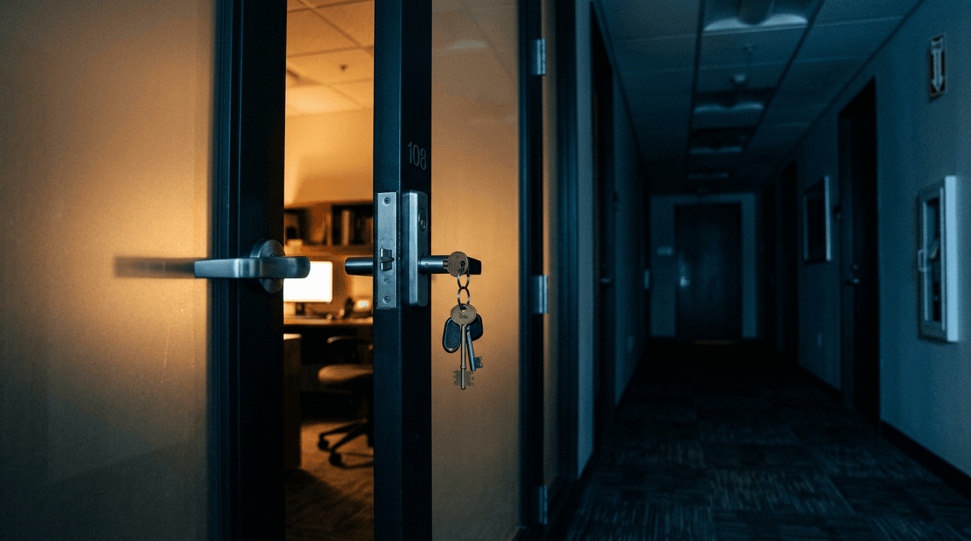 Keys left in the lock of an open office door in a dark hallway, illustrating a compromised Microsoft 365 account and unauthorized access