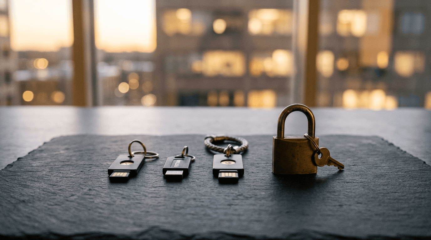 Three USB hardware security keys and a brass padlock on a slate desk in front of city office windows, representing a Google Workspace security checklist for small business sign-in protection