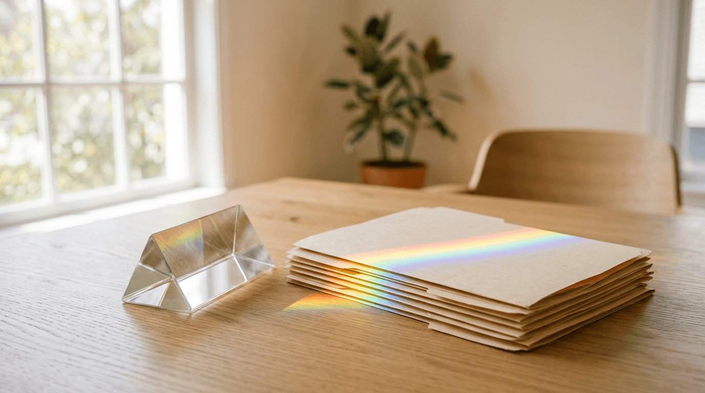 A glass prism on an oak conference table casting a rainbow across a stack of manila folders, representing Gemini AI working across Google Workspace business files