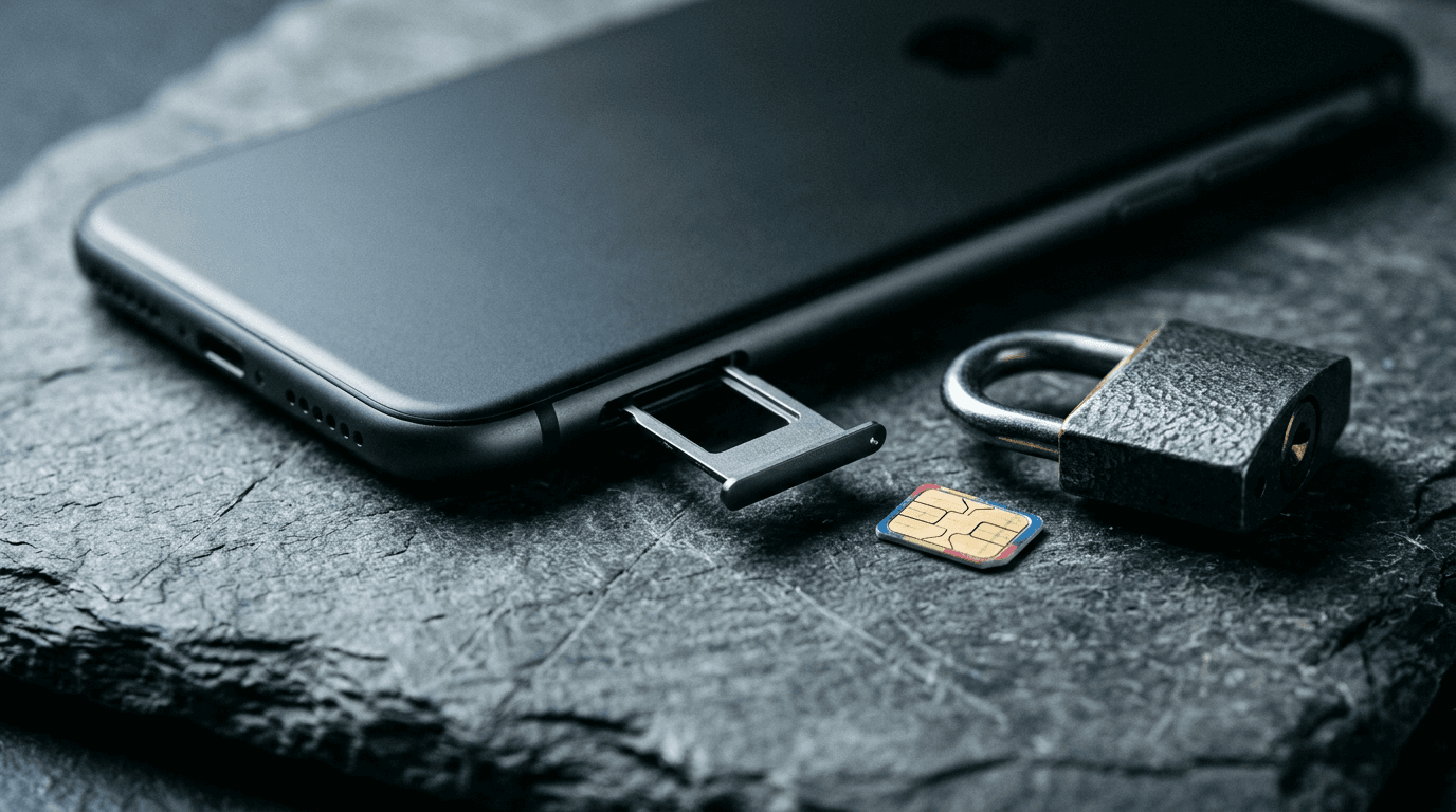 Smartphone with its SIM card tray ejected beside a nano SIM and a closed padlock on slate, illustrating how to lock business phone numbers against SIM swap attacks