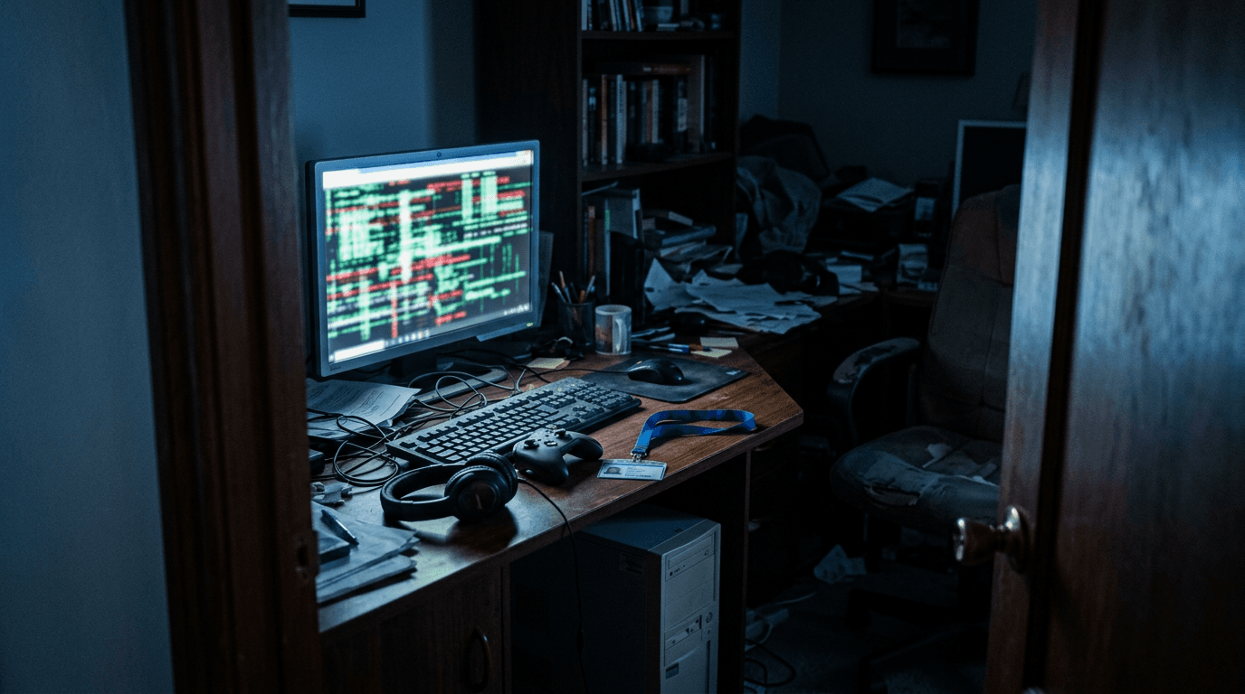 Shared home computer at night with a work ID badge on the desk, the kind of personal PC where infostealer malware steals business logins