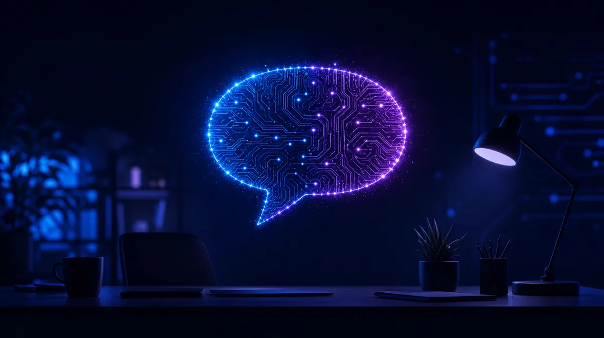 Glowing circuit-board chat bubble, half blue and half violet, hovering over an office desk silhouette
