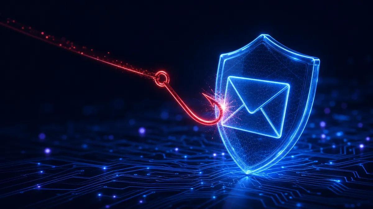 A fishing hook made of red light deflected by a translucent blue email envelope shield