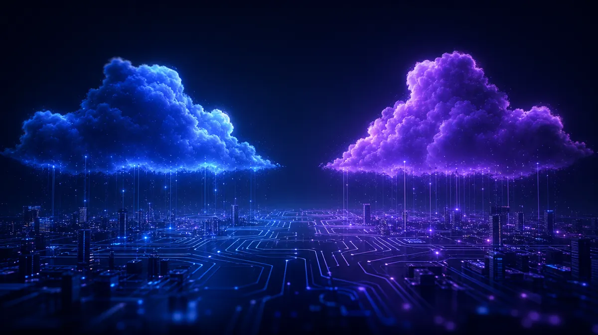 Two luminous cloud formations, one blue and one violet, facing each other above a circuit-board cityscape