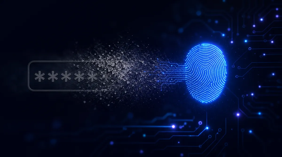 Ash-gray password characters dissolving into a single radiant blue fingerprint-shaped key