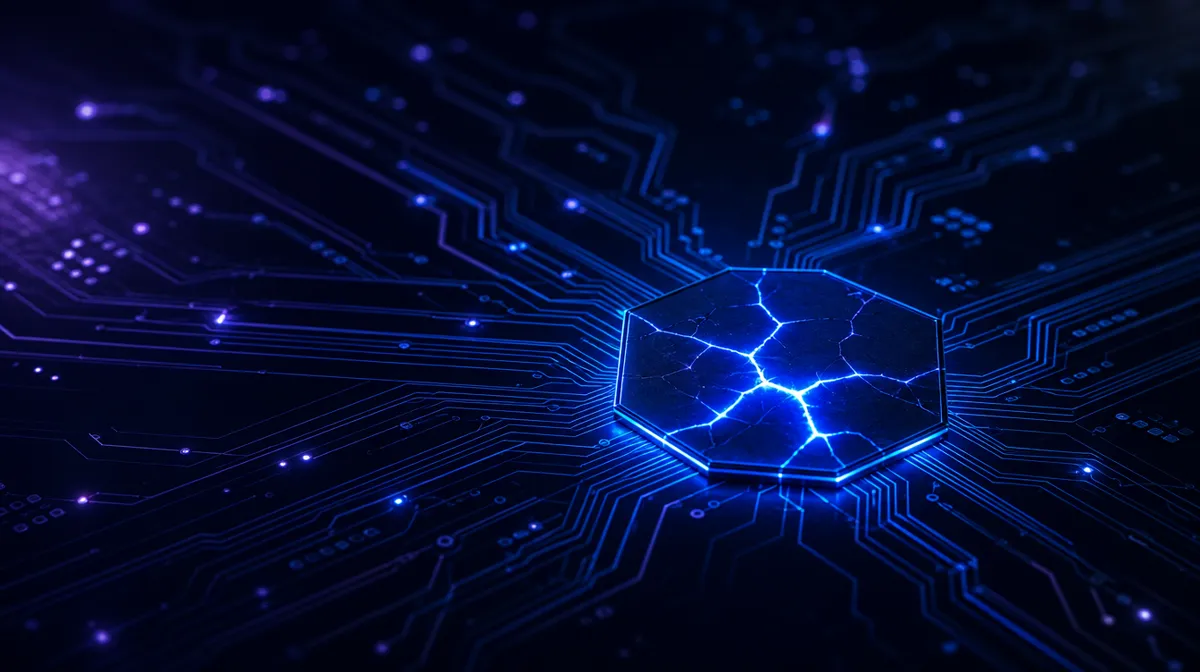 A cracked glowing hexagonal node in a vast circuit lattice with blue traces routing around it