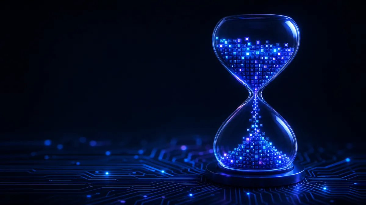 Hourglass filled with tiny glowing window squares draining downward on a navy circuit backdrop