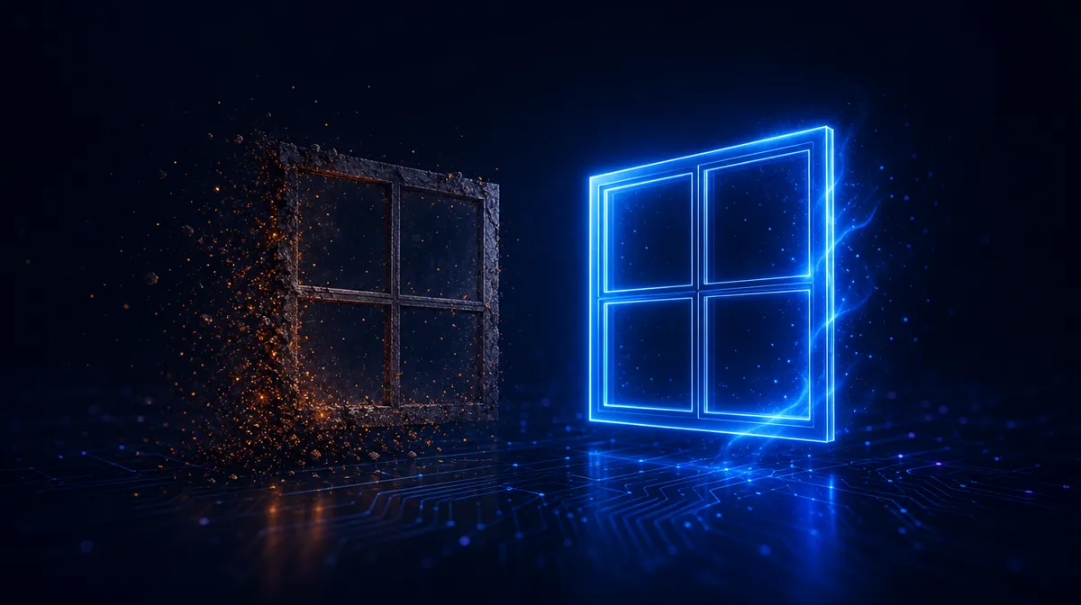 Old window frame of light fading to embers beside a bright new blue glowing pane