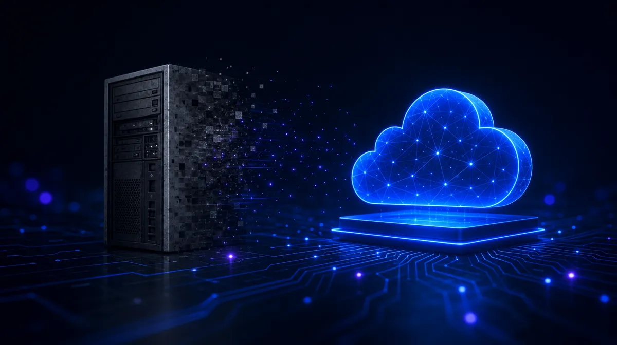 An old server tower fading to grayscale as a bright blue cloud platform materializes beside it