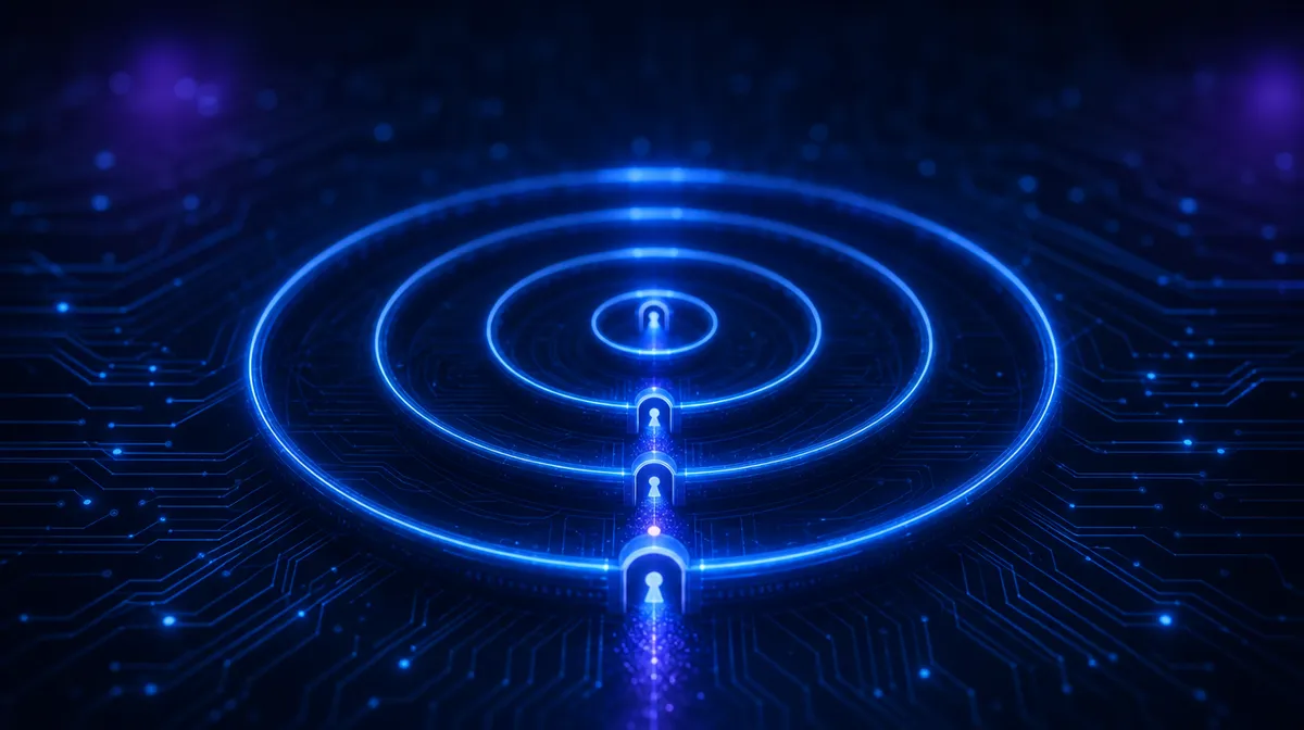 Concentric glowing blue rings with keyhole gates as a data mote passes checkpoints inward