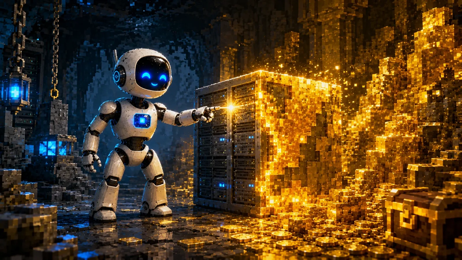 Pixel-art robot pointing at a glowing vault of gold beside a server rack